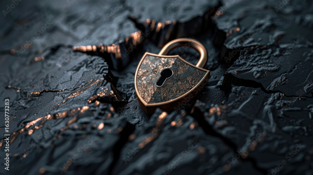 Aufkleber strong password visual concept featuring padlock shield resting cracked surface, symbolizing securit