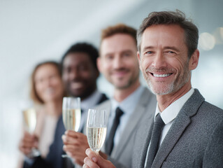 Diverse business team toasting with champagne, celebrating success. Great for corporate, achievement, celebration, and teamwork themes. Uplifting, professional.