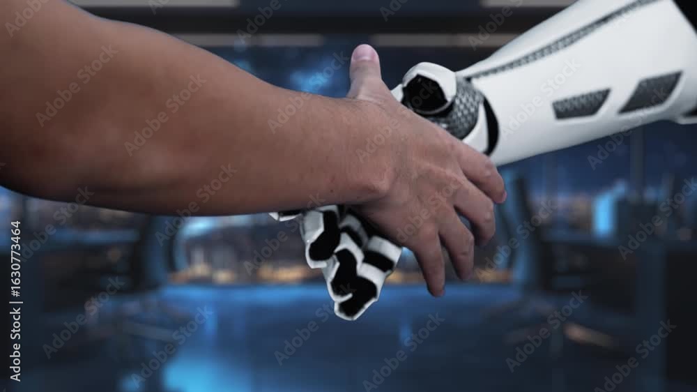 Poster a striking visual of a robotic hand interacting with a digital ai interface, showcasing the advanced