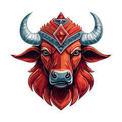  a red aztec buffalo with his head turned forward