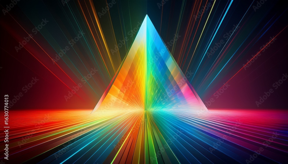 Poster light beam bending through a glass prism creating a colorful rainbow spectrum