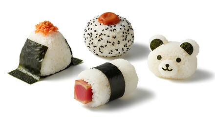 A collection of four onigiri rice balls with various toppings and seaweed on a black background plain on transparent background