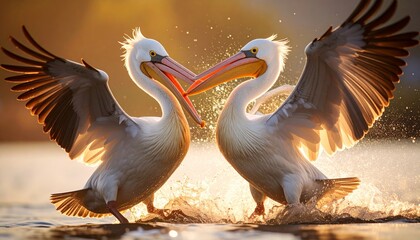 Dramatic encounter of pelicans displaying dominance during mating season, with a soft background