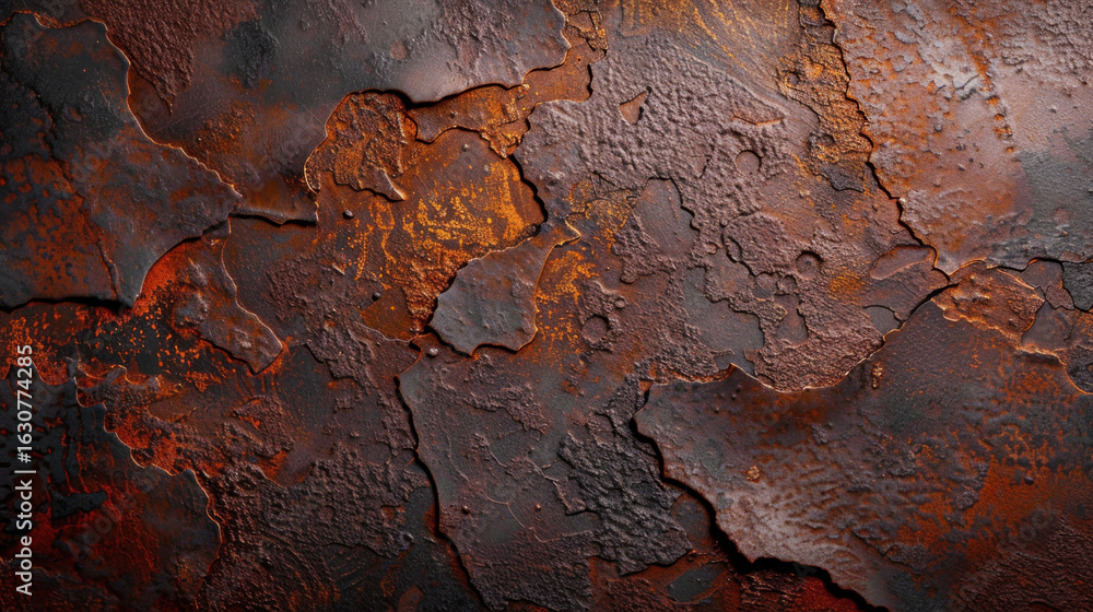 Poster Aged metal surface with intricate rust patterns and textures, showcasing deep reds and browns, evokes sense of history and decay. rough, uneven surface adds character and depth