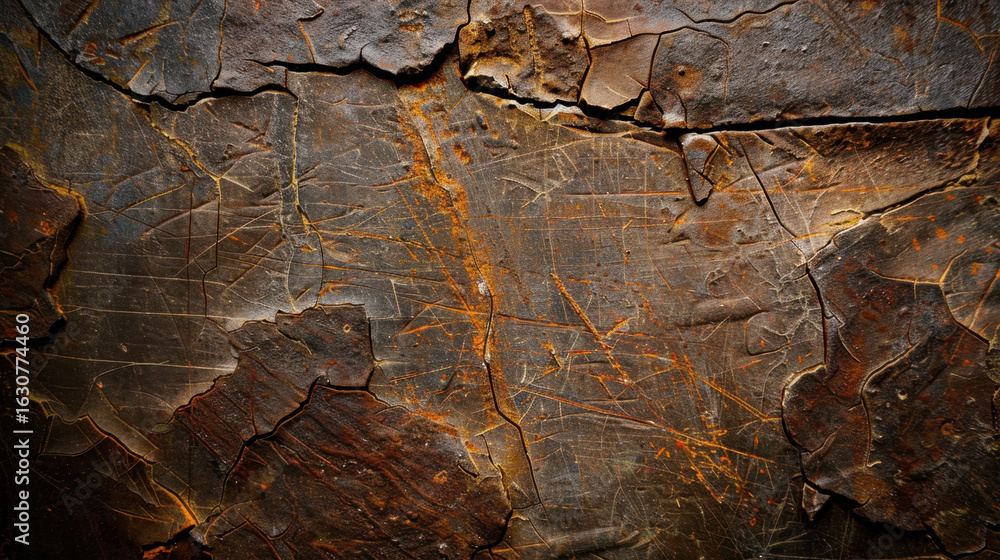 Poster scratched metal surface with intricate patterns and textures, showcasing blend of dark and rusty ton