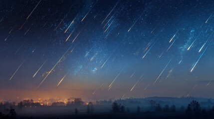 Streaks of Light Illuminate the Night Sky During a Meteor Shower Over a Quiet Town