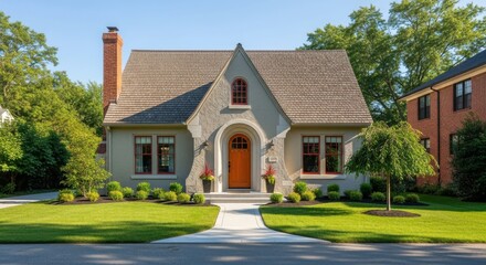Charming tudor revival home with red trim and lush green landscaping