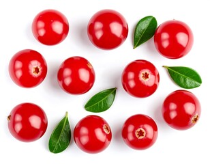 Fresh cranberries with leaves arranged on white background
