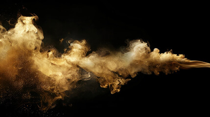 Swirling gold smoke texture on black background creates mesmerizing visual effect, evoking sense of elegance and mystery. dynamic movement of smoke adds depth and intrigue to composition
