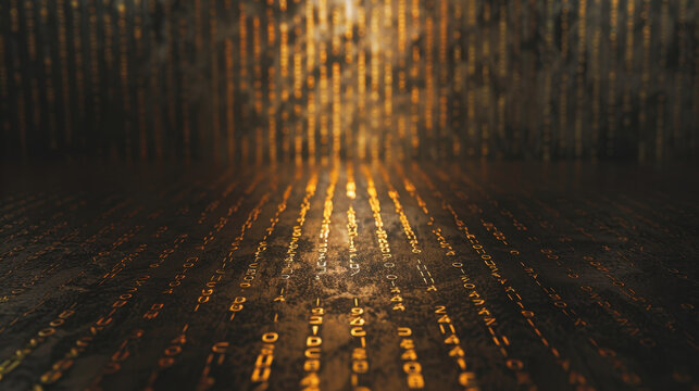 Digital landscape featuring cascading golden binary code against dark background creates mesmerizing visual effect. shimmering numbers evoke sense of technology and data flow, symbolizing digital