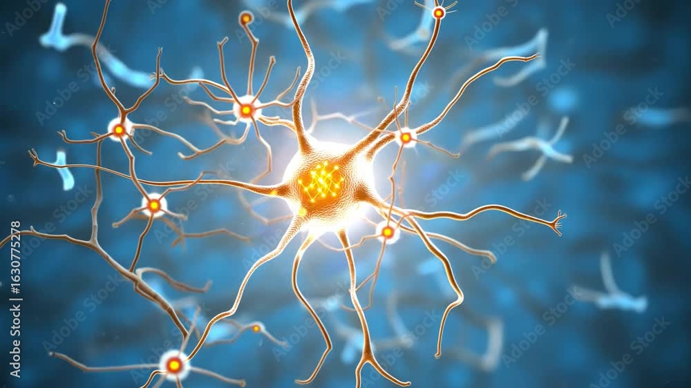 Poster glowing neurons essential cells of nervous system, transmitting signals and facilitating communicati