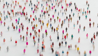 Aerial view of a vibrant, diverse crowd walking across a stark white background, showcasing unity and individuality.