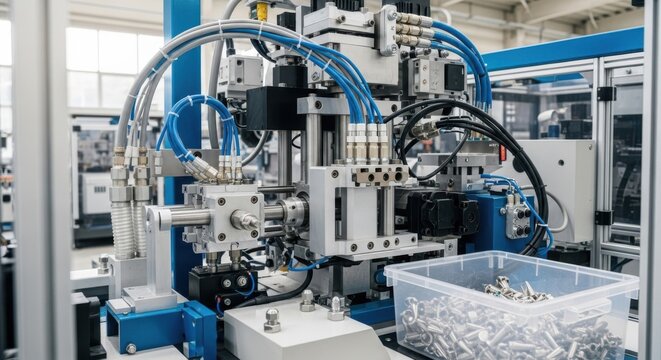 Advanced automated machinery with pneumatic systems and components in a factory setting