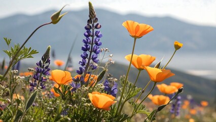 Obraz premium Vibrant california poppies and purple lupine bloom in a mountain meadow landscape