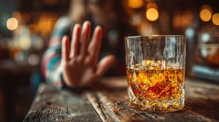 Hand rejecting a glass of amber liquid