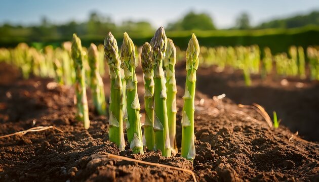 closeup of fresh green asparagus spears growing in a farm field