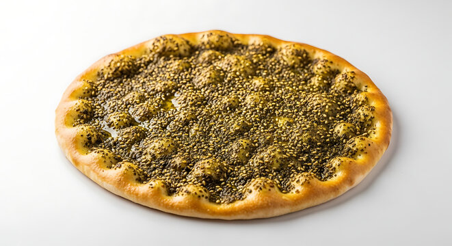 A close up shot of a manouche flatbread with zaatar and sesame seeds on a black background space 100 on transparent background