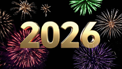 Glowing 2026 text with multicolored fireworks display on dark background. Concept for New Year, party or countdown celebration.