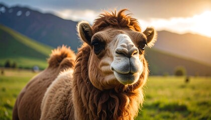 Obraz premium Camel in a meadow at sunset