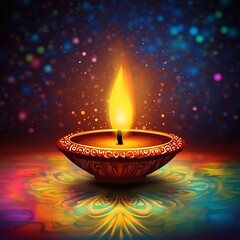 Traditional Diya on Colorful Abstract Background