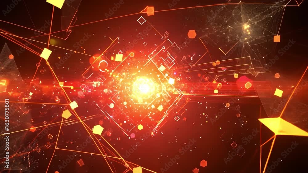 Poster vibrant abstract digital background with glowing particles, geometric shapes, and colors creating de