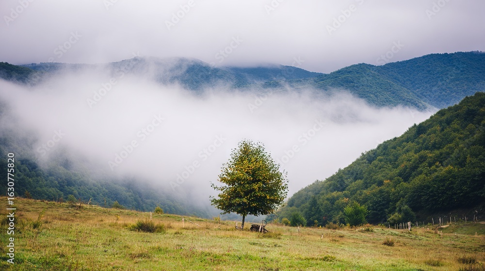 Poster lone tree stands in a serene meadow surrounded by rolling hills and misty mountains, creating a tran