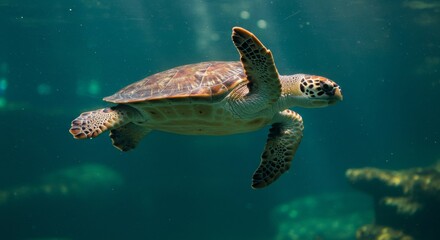 Obraz premium Majestic Sea Turtle Gliding Gracefully Through Tranquil Ocean Waters