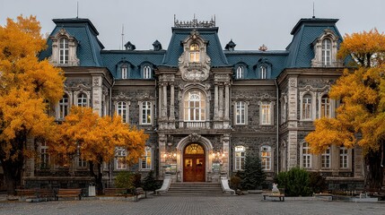 Obraz premium Grand stone mansion, autumnal trees