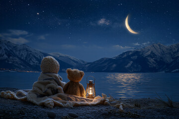 Baby doll and teddy bear at playtime on a winter night by lake