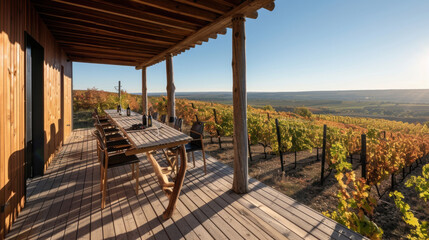 Serene winery terrace offers stunning view of endless vineyard rows under clear blue sky, inviting relaxation and enjoyment of nature beauty