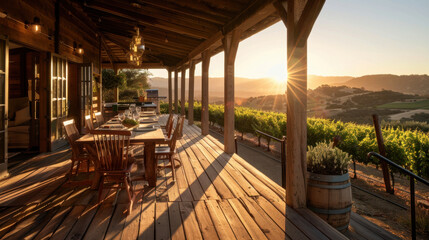 Serene winery terrace offers stunning view of endless vineyard rows, bathed in warm sunlight. wooden deck features rustic furniture, creating perfect spot for relaxation and enjoyment