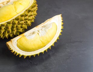 Fresh durian fruit halves on dark surface