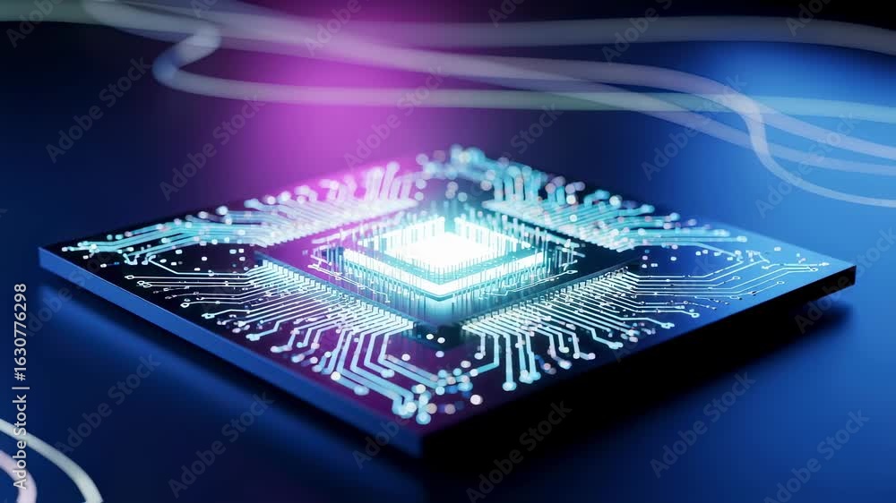 Poster hightech computer chip illustrating ai concept with neon lighting