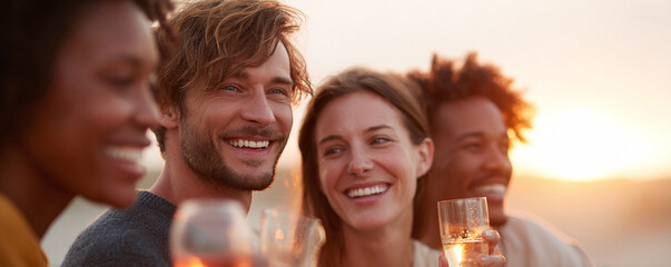 Obraz premium Friends toasting at sunset. Diverse group enjoys drinks, celebrating life, joy, and companionship. Perfect for lifestyle, friendship, vacation, and togetherness themes.