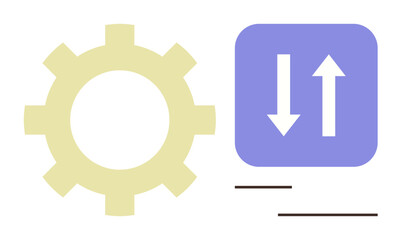 Yellow gear beside a purple box with up and down arrows, symbolizing configuration and update processes. Ideal for technology, workflow, innovation, upgrade, system management, automation, simple