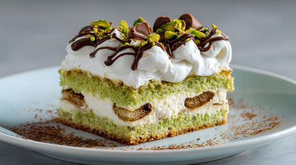 A piece of tiramisu, layered with green cake and white cream on top, sprinkled with pistachios and chocolate