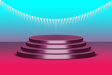 Three tiered circular podium with string lights and gradient background stage award