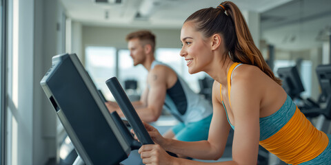 young people in sportswear exercising on elliptical trainers in a gym