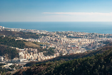 Obraz premium Aerial view of Genoa and the Marassi neighborhood seen from surrounding hills