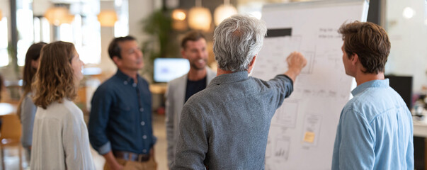 Team at work A diverse group listens to a presentation, brainstorming ideas on a whiteboard. Perfect for illustrating collaboration, learning, and growth.