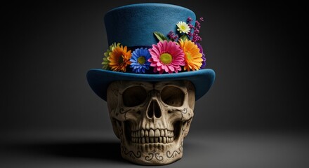 Skull with vibrant floral topper