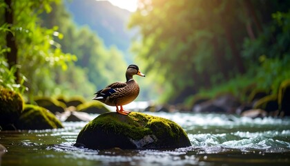Duck on a mossy rock, tranquil stream