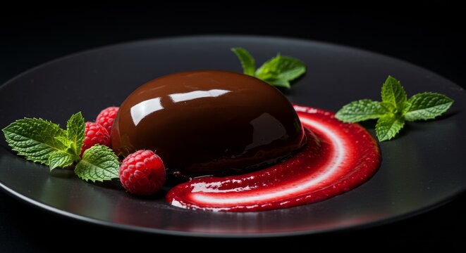 Elegant chocolate dessert plated with fresh raspberries and mint garnish