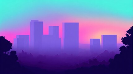 Vibrant digital illustration of a city skyline at dusk, showcasing silhouettes of buildings against a colorful gradient sky, creating a serene urban atmosphere with nature