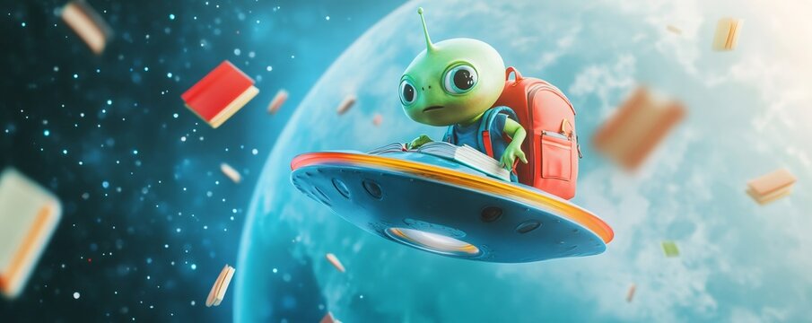 Funny alien student is flying on a saucer and reading a book, going back to school in space with planet on background