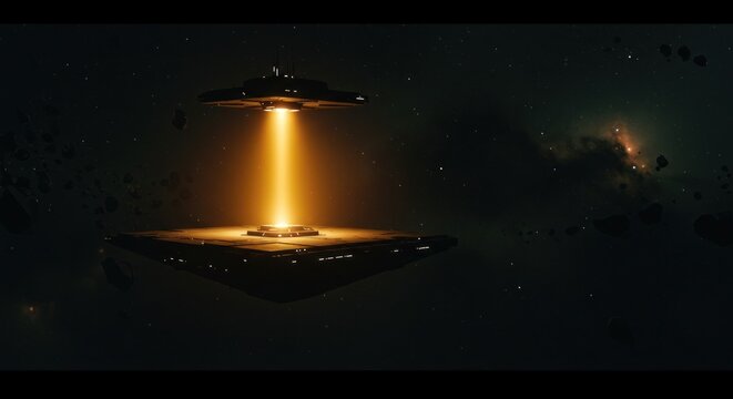 Spacecraft hovering over nebula