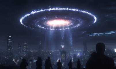 Obraz premium Silhouetted people are observing a large unidentified flying object hovering over a brightly lit city at night