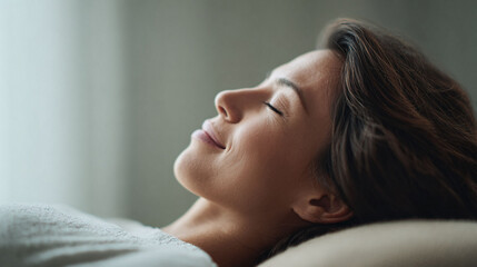 Serene woman peacefully rests with closed eyes. Conceptual shot of relaxation, mindfulness, wellness, or contentment. Ideal for health, beauty, lifestyle content.