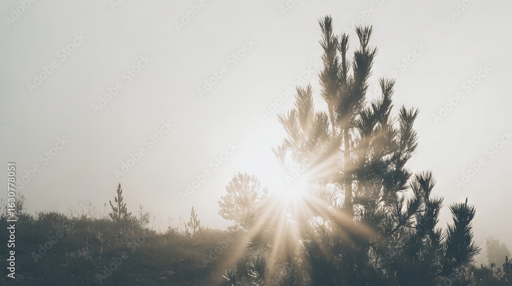 Poster sunlight filters through misty forest, illuminating evergreen trees in a serene landscape, creating 