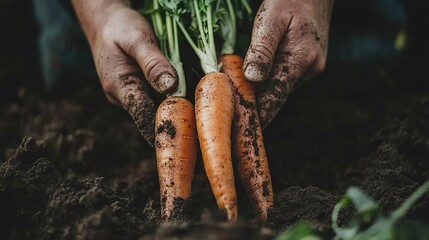 Hands holding freshly harvested carrots from the soil, showcasing natural farming and earthy textures.